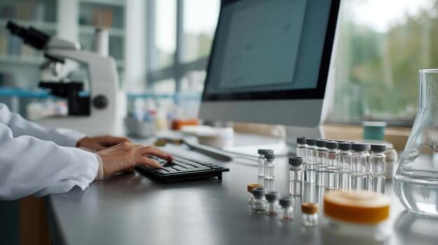 A tranquil lab scene showing a scientist reviewing data on a computer with a visible array of vaccine vials and sterile equipment symbolizing precision and care in research photo