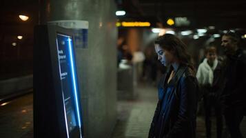 An illuminated kiosk in a transit station with a glowing interface that responds dynamically to a users movements indicating realtime accessibility features tailored for individual photo