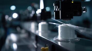 A serene controlled environment where automated robotic arms carefully spool synthetic spidersilk fibers onto reels emphasizing precision and innovation in synthetic biology photo