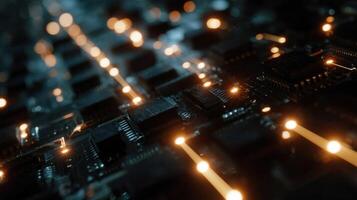 A futuristic representation of multiple tiny accelerator boards arranged in a grid pattern connected via glowing data lines symbolizing a powerful network of AI processing units workin photo