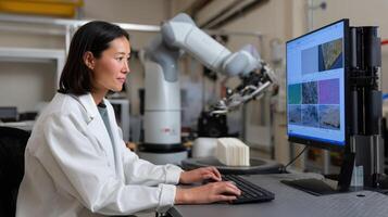 A closeup view of a collaborative setup where a data scientist reviews AIgenerated labels on a large monitor while a robotic arm sorts physical documents and images into labeled categorie photo