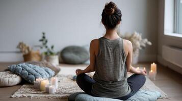 An individual practicing yoga poses in a serene corner of their home with candles lit and soft cushions providing a comfortable atmosphere photo