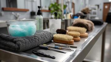 A setup for dog grooming featuring a station with bubbles and shampoo towels and various brushes lined up on a table photo