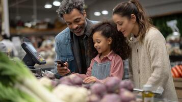 A family at a grocery store checkout with one member holding a phone near the scanner emphasizing quick and secure payment at the register photo