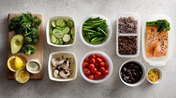 A series of steps laid out visually showing the process of meal prep chopping vegetables cooking proteins and assembling meals in containers all on a clean kitchen countertop photo