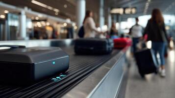 A modern suitcase with a touchsensitive interface for weight display and geolocation settings p on an airport conveyor belt with travelers picking up their bags in the background photo