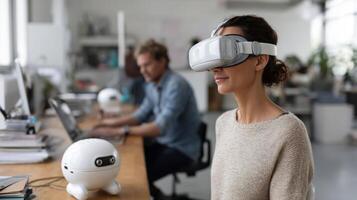 A futuristic office setting shows employees using virtual reality headsets to interact with droneoperated robots emphasizing the integration of advanced technology in business operations photo