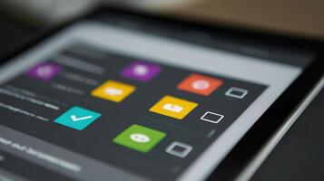 A closeup of a touchscreen device with an interactive consent form featuring checkboxes for granular control over voice usage accompanied by colorful icons representing different voic photo