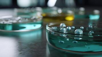 An artistic interpretation of the hydrogel microbeads in a laboratory setting featuring petri dishes filled with water emphasizing the beads interaction with liquid environments photo
