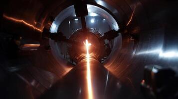 An interior view of a tokamak chamber emphasizing the smooth metallic surfaces advanced sensors and the brilliant swirling plasma glowing in the center illuminating the surroundings photo