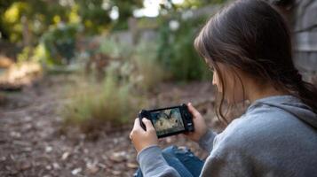 A gamer using a handheld device to reveal hidden treasure maps and mythical creatures in their realworld backyard blending gameplay with reallife exploration photo