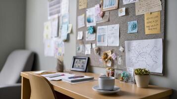A desk adorned with motivational quotes pinned to a bulletin board alongside diagrams and charts related to the test topics photo