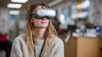 A virtual reality headset being worn by a learner who is interacting in a simulated environment demonstrating an innovative approach to immersive language practice photo