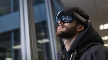 An individual using virtual reality glasses in an immersive training session showcasing the application of technology in professional development photo