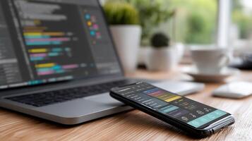 A mobile device displaying a colorful app interface with lines of code visible on a connected laptop in the background depicting the app development process photo