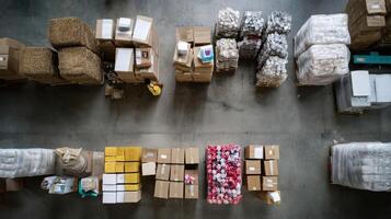 An aerial view of a busy warehouse filled with stacks of packages ready for shipment showcasing the logistics behind online orders photo