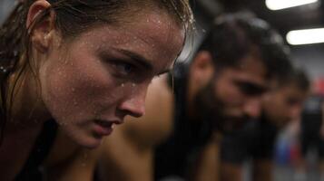 Athletes sweating during intense functional training workout photo