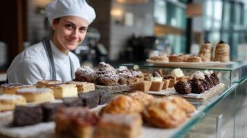A pastry chef in a bakery proudly showcasing an array of freshly baked pastries and cakes their glossy finishes and intricate decorations tempting customers behind the glass display photo