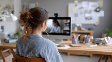 An educator conducting a virtual lesson from a home office using a webcam and whiteboard to engage remote students through a digital platform photo