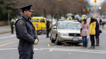A police officer directing traffic at a chaotic accident scene ensuring the safety of bystanders and coordinating the arrival of additional responders photo