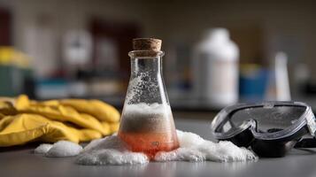 A corked flask undergoes a dramatic color change as a chemical reaction occurs sending streams of foam overflowing with safety gear visible in the foreground photo