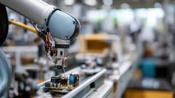 A robotic arm in a factory setting meticulously assembles electronic devices illustrating the role of robotics in streamlining manufacturing processes and increasing productivity photo