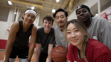A sports team comprised of athletes from different ethnic and gender backgrounds working together in practice to emphasize teamwork and inclusion in sports photo