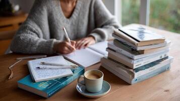 An individual sitting at a desk at home studying intently with a stack of textbooks a notebook filled with handwritten notes and a cup of coffee nearby photo
