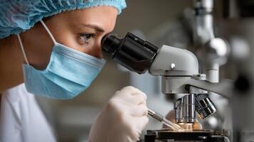 Scientist adjusting microscope focus and placing sample slide photo