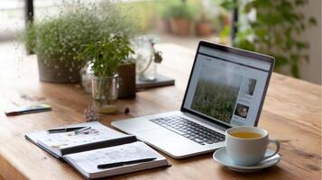 A laptop displaying a website in the process of being built with a cup of tea beside it and a notepad filled with design ideas in the background photo