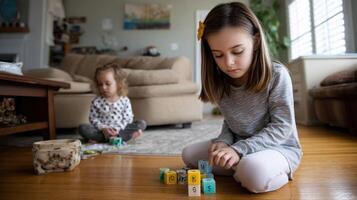 A girl practicing her spelling words aloud while pacing the living room her younger sibling listening intently and playing quietly with building blocks photo