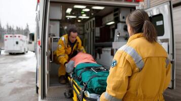 A paramedic is seen loading a patient into an ambulance demonstrating teamwork and urgency as they prepare for rapid transport photo