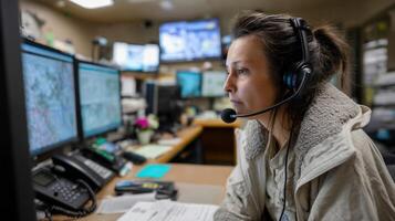 An emergency dispatcher at a control center intently monitoring multiple screens and communicating with responders via radio photo
