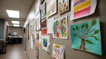 A colorful collage of various expressive artworks hung on a wall showcasing the therapeutic use of art for emotional expression and healing photo