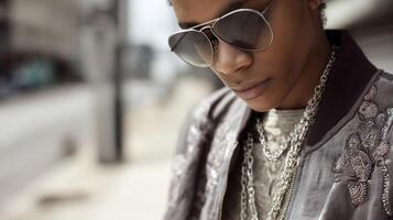 A closeup of an individual wearing a sleek bomber jacket with intricate embroidery accessorized with layered silver chains and stylish sunglasses highlighting the blend of texture photo