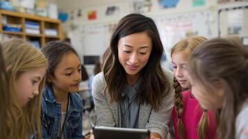 A teacher using a tablet to show educational videos while students gather around in small groups demonstrating the integration of technology in lessons photo