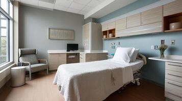 A smart bed in a patient room that automatically adjusts position for comfort and safety incorporates sensors to monitor patient movements and vital signs photo