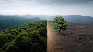 A striking contrast of two landscapes one thriving with rich greenery and healthy wildlife and the other barren and desolate depicting the potential future consequences of inactio photo