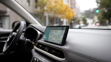 A closeup shot of a selfdriving cars dashboard featuring a prominent display panel with AIdriven features including route planning and traffic updates photo