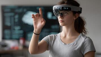 A user standing in a virtual environment using hand gestures to manipulate objects with a floating HUD providing realtime game statistics and information photo