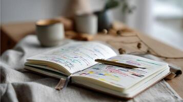 A colorful journal with a pen resting on top open to a page filled with positive affirmations illustrating the practice of selfreflection and gratitude in mental health photo