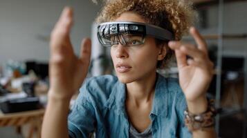 A female engineer in a casual setting interacts with augmented reality glasses gesturing with her hands as digital information overlays her view of the workspace photo