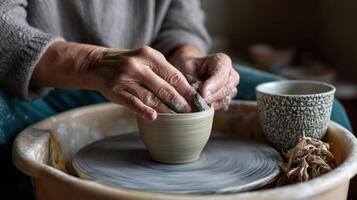 A closeup of hands molding soft clay on a pottery wheel showcasing the calming process of creating soing tangible and artistic through tactile engagement photo