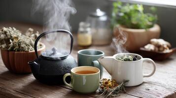 A collection of herbal teas steeping in cups beside a steaming kettle representing calming bedtime rituals that enhance sleep hygiene photo
