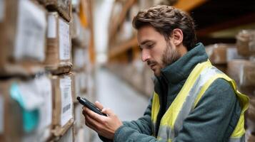 A logistics worker scanning barcodes on large crates with a handheld device focused on ensuring accurate inventory management amidst a warehouse backdrop photo