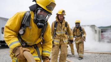 A group of firefighters conducting a training exercise practicing fire suppression techniques in a controlled environment with hoses and safety gear photo