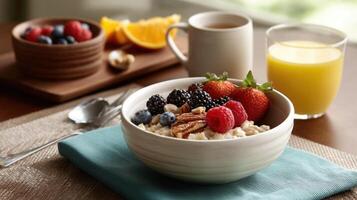 A wholesome breakfast spread showcasing a bowl of oatmeal topped with fresh berries a sprinkle of nuts and a drizzle of honey alongside a glass of orange juice photo