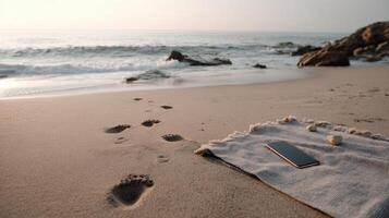 Smartphone resting on beach towel with footprints in sand near ocean waves photo