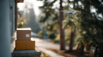 An automated drone flying over a delivery site preparing to drop a small package on a suburban doorstep surrounded by trees photo