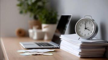 A closeup of a clock on a wall showing the time ticking down with study materials like flashcards and a laptop in the foreground photo
